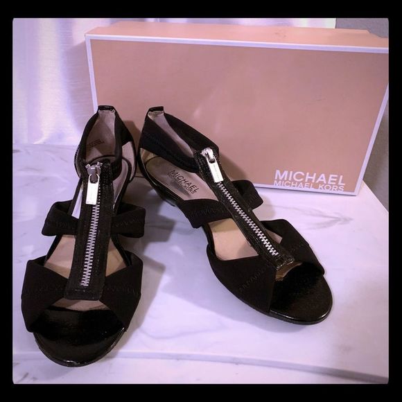 Michael Kors Shoes - Michael Kors Black Zip-Front Open-Toe Wedge Sandals